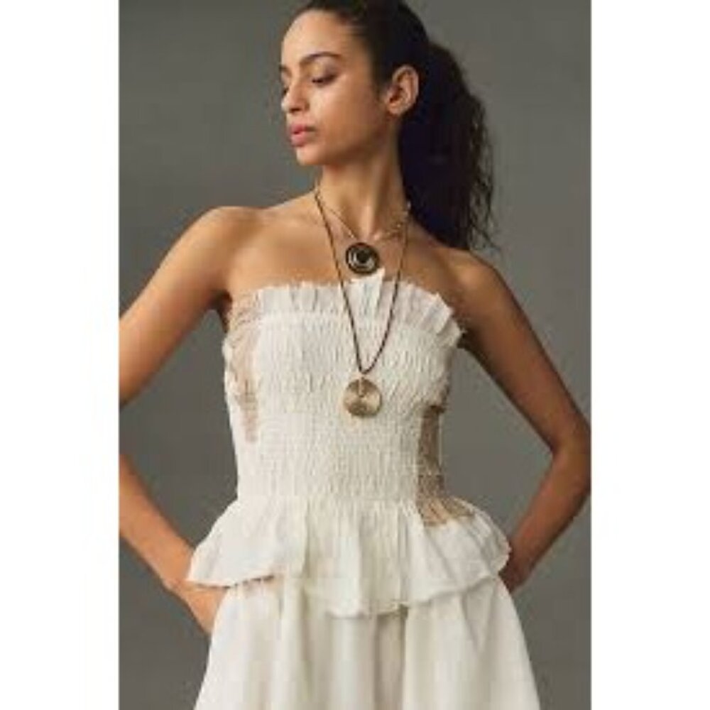 by Anthropologie Strapless Womens Large Smocked Peplum Asymmetric Hem Top White - Picture 3 of 11